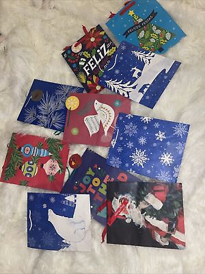 #ad Lot Of 10 Hallmark Christmas Bags 12 1 2” x 10 1 2” x 5 1 2” Santa Blue Feliz $9.99