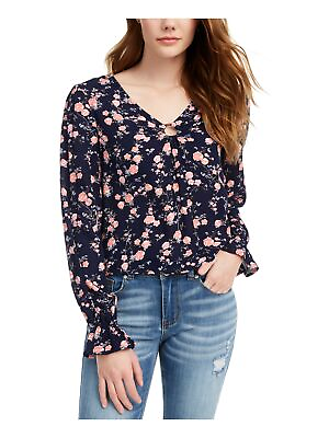 #ad FRESHMAN FOREVER Womens Navy Stretch Long Sleeve V Neck Top Juniors XS $1.39
