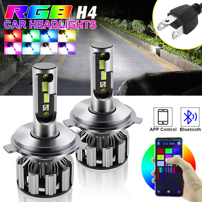 #ad 2x H4 9003 LED RGB Headlight Kit 10000LM 50W Bluetooth APP Control Multicolor $50.59