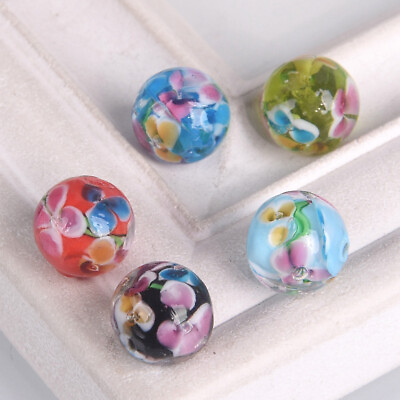 #ad 5pcs Round 12mm Handmade Flower Pattern Lampwork Glass Loose Beads DIY Jewelry $3.25