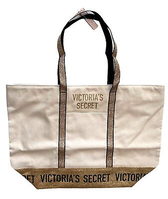 #ad Victorias Secret Nwt Gold Glitter Sparkle Logo Canvas Tote Bag $25.99