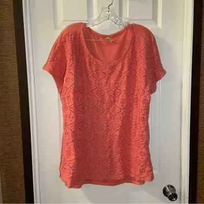 #ad Faded Glory Plus Size Coral Orange Lace Front Short Sleeve Top size 3X $13.00