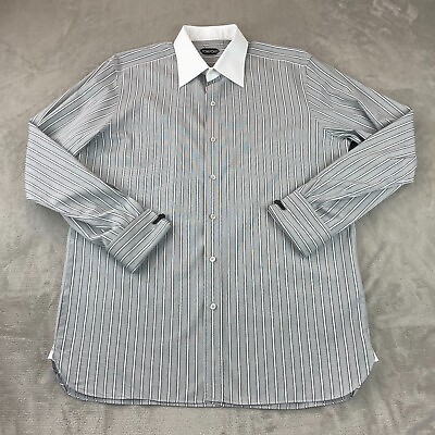 #ad Tom Ford Shirt Men 17.5 44 Gray Striped French Cuff Contrast Collar Long Sleeve $188.88