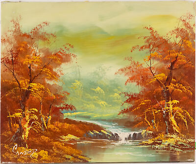 #ad Vintage Scenic Oil On Canvas quot;Autumn Riverquot; $100.00