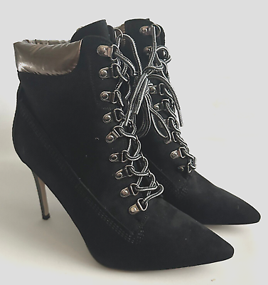 #ad Isnom Women Size 9.5 M Black Faux Suede Ankle Stiletto Booties Boots Lace Up $29.95