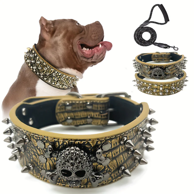 #ad Spiked Studded Leather Dog Collar With Leash $37.00