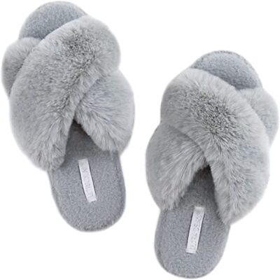 #ad Womens Faux Fur Slide Slippers with Fuzzy Cross Band Ladies House shoes Indoor $15.39