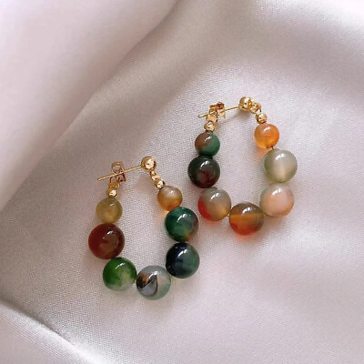 #ad 1Pair Retro Colorful Beaded Hoop Earrings For Women Fashion Elegant JewelBI C $2.57