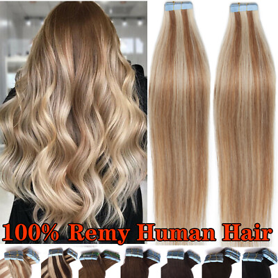 #ad PREMIUM Tape In Remy Real Human Hair Extensions Thick Glue Skin Weft Highlight $139.04