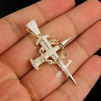 #ad Mens 1ct Genuine Moissanite Thorns Cross Nail Charm Pendant Gold Plated Silver $179.99