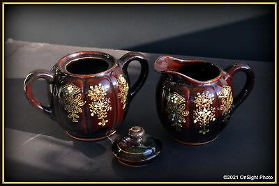 Vintage Cream Sugar Ceramic Set Brown Japan Hand painted Floral Coffee Tea $15.97