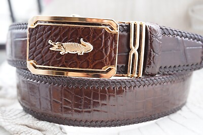 #ad No Jointed Brown Real Belly Crocodile Skin Men#x27;s Braided Belt Gold Buckle $80.75