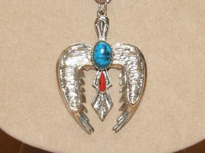 #ad Vtg Signed ART Silvertone Faux Turquoise Coral Thunderbird Bird Pendant Necklace $40.00