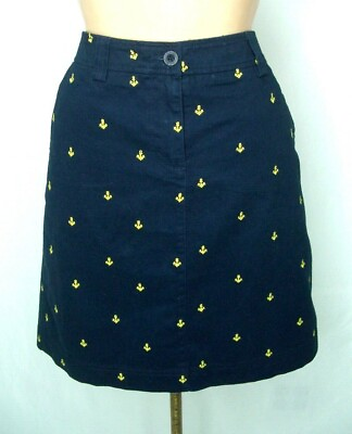 #ad LL Bean Women#x27;s Nautical Navy Blue Embroidered Yellow Anchors Skirt Size 10R $9.50