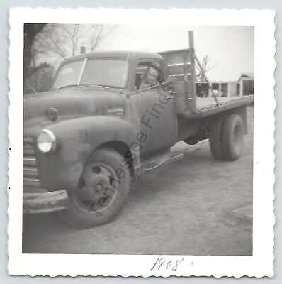 #ad 1968 Black And White Photo Of A 1950s International Flatbed Truck And Farmer $13.39