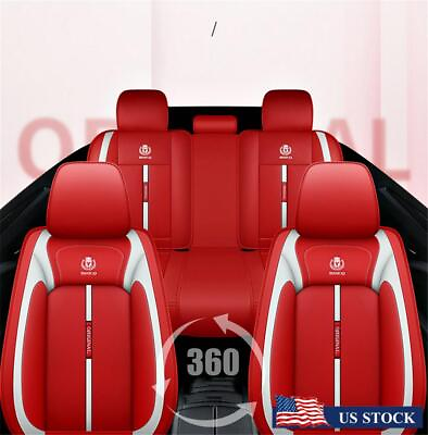#ad Full Set PU Leather 5 Seats Car Seat Cover Red Auto Cushions w Headrest Pillows $103.99