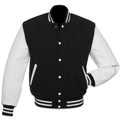 #ad Varsity Bomber Baseball Lettermen Jacket Black Wool Body amp; White Leather Sleeve $119.99