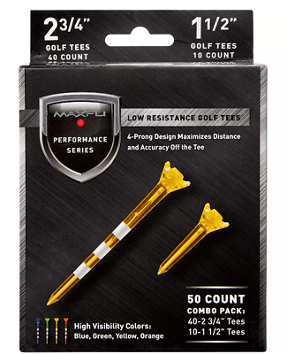 #ad Golf Tees MAXFLI Performance Series Low Resistance 2 3 4quot; amp; 1 1 2quot; 50 pack $11.99
