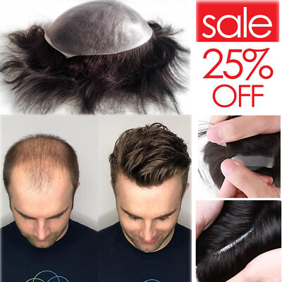 #ad SALE Mens Toupee Repalcement System Micro Thin Skin Wig Full PU Human Hair Black $179.10