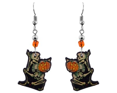 #ad Halloween Skeleton Pumpkin Earrings Handmade Dangles Spooky Fall Themed Jewelry $13.99