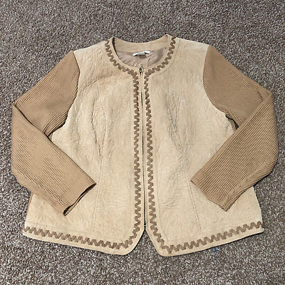 #ad Peter Nygard Womens Jacket 1X Plus Size Suede Brown Leather Zip Embroidered Knit $17.50
