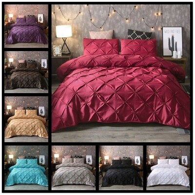 #ad 3 Piece Bedding Set Pinch Pleated Quilt Duvet Cover Pillowcase Double Sided Grey $48.40