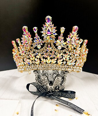 #ad Gold Wedding Crown Bridal Tiara Princess Crown Miss Universe Pageant Crown XL $59.99