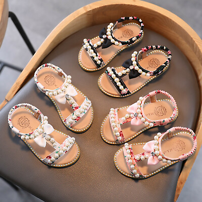 #ad Girls Flat Sandals Kids Pearl Glitter Strappy Walk Casual Summe Princess Shoes $14.96