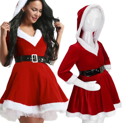 Women Girl Christmas Costumes Dance Tutu Dress Velvet Long Sleeve Hoodie Dress $9.19