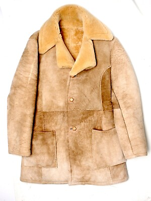 #ad VTG Sheepskin Market New York Mens Shearling Coat 46 Natural Tan Button Front $249.99