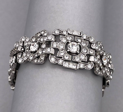 #ad Art Deco Crystal Bracelet Silver Tone Fold Over Clasp $40.80