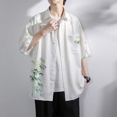 #ad New Chinese Short Sleeved Shirt Men#x27;s Summer Ice Silk Thin Bamboo Tops Sz $40.31