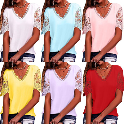 #ad Blouse Short Sleeve Tee Tops T Shirt Lace Side V Neck Solid Color Summer Casual* $13.73