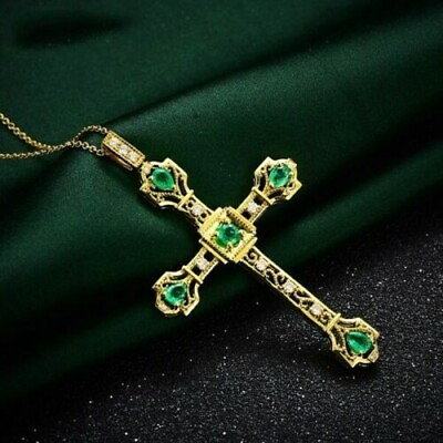 #ad 925 Yellow Sterling Silver Cross Pendant 1 CT Round Cut Simulated Green Emerald $129.99