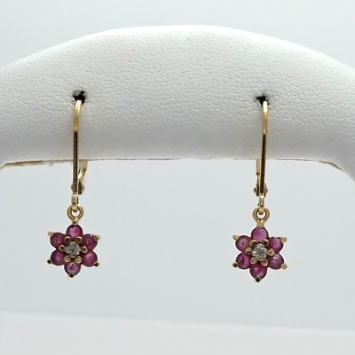 #ad New 18K Vermeil Sterling Silver Ruby Diamond Flower Dangle Leverback Earrings $89.00