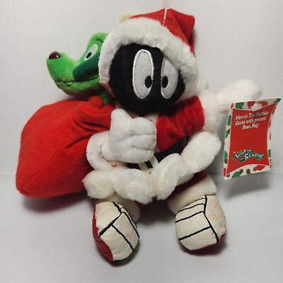 #ad Vintage Looney Tunes Plush Marvin Martian K 9 Christmas Santa Stuffed Doll Tags $5.92