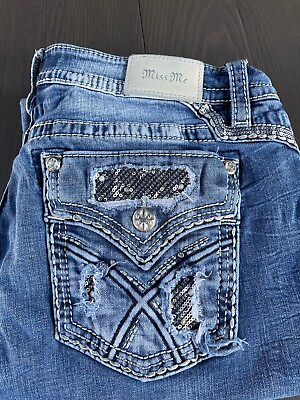 #ad Miss Me Jeans Curvy Boot Womens 34x32 Mid Wash Blue Embellished Stretch Denim $49.95