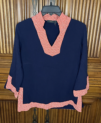 #ad THML Womens Top Medium Blue Red Contrast Trim Wavy Stripe Blouse Long Sleeve $24.97