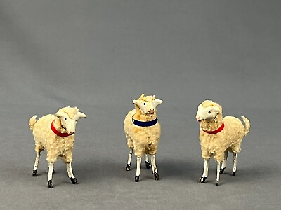 #ad 3 Antique Putz Wooly Stick Leg Sheep Lamb German Christmas Figurines $89.99