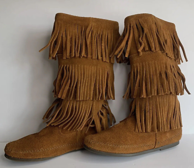 #ad MINNETONKA Fringe Suede Boots Moccasins 1632 Womens Sz 7 Mid Calf Brown Leather $24.99