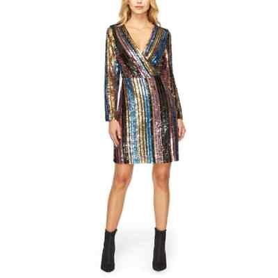 #ad Sam Edelman Womens Rainbow Stripe Sequin V Neck Surplice Dress Size 0 New $46.88