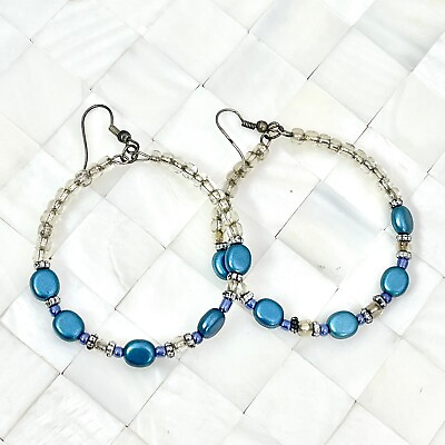 #ad Clear amp; Blue Tones Beaded Hoops Earrings The Vintage Strand Lot #4534 $4.99