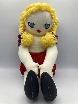 #ad Vintage Handmade Cloth Doll Yellow Braided Hair Embroidered Face Blue Eyes 19” $23.45