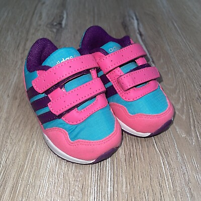 #ad Adidas Girl Toddler Sneakers Pink Blue Purple Hook Loop Adjustable Stripe SZ 3K $9.00