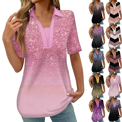 #ad Womens T Shirts Button Casual Sequins Print Short Sleeve Shirts Blouse Tops $15.99