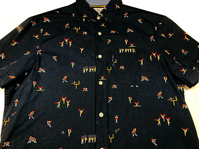 #ad Penguin Mens Button Front Short Sleeve Navy Cotton Pattern Logo Shirt Large L $19.99