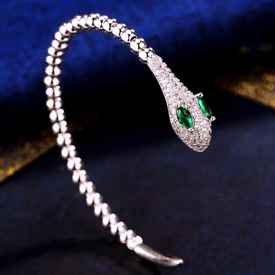 #ad 18K White Gold GF Simulated Crystal Green Eye Snake Adjustable Cuff Bangle AU $19.99