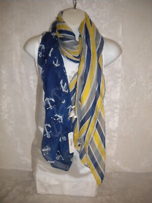 #ad $5.00 NEW Charming Charlie Scarf Royal Blue White Yellow Anchors Sailing Box07 $5.00