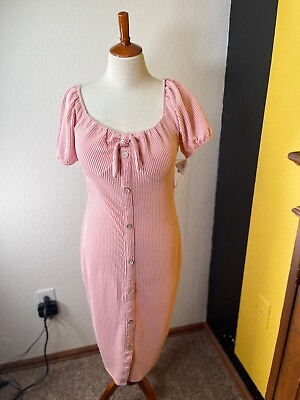 #ad No Boundaries Womens Dress Large Pink Stripe Padded Faux Button Front Stretch $12.00