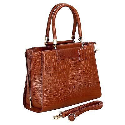#ad New TAN Expandabl Full Grain Natural Cro Leather Top Handle satchel Tote Handbag $89.99